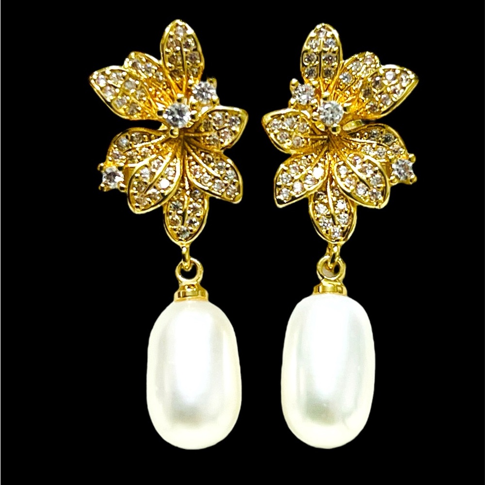 Elegant Sterling Silver Gold Vermeil Genuine Pearls and white sapphire Earrings